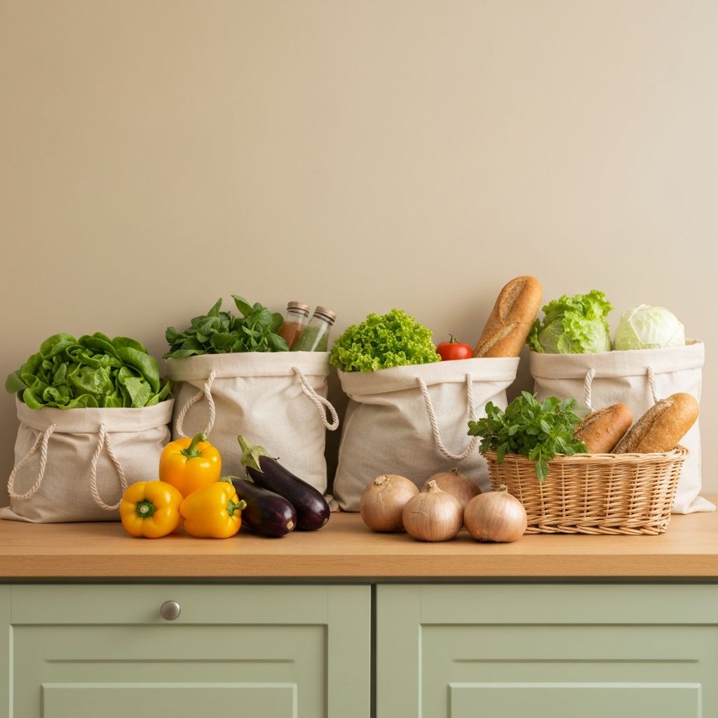 Terveelliset ostokset uudelleenkäytettävissä pusseissa, rauhalliset valinnat